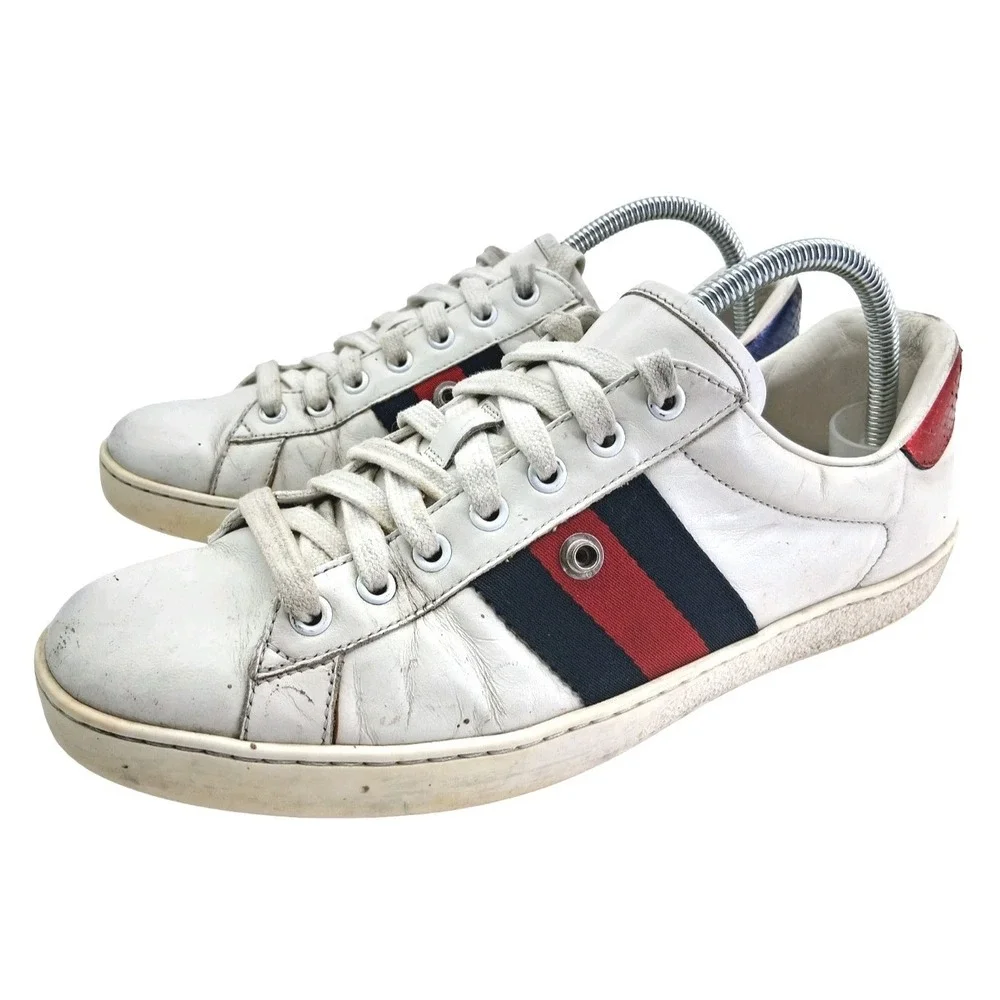 Gucci Ace Shoes Mens UK 8.5 US 9.5 White Leather Stripe Low Top Casual Sneakers